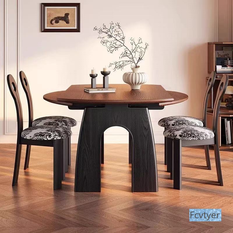 Dream Sail Full French Style Small Apartment Dining Table Convertible Round Table Home Solid Wood Ash Wood Extendable Retro Dining Table
