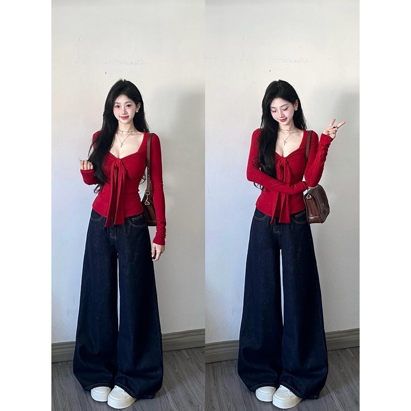 工厂批发纯欲辣妹红色蝴蝶结长袖T恤女设计感修身气质打底衫上|undefined