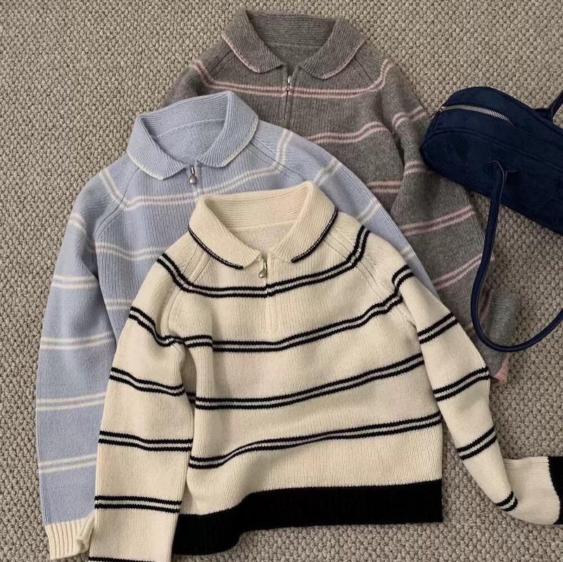 条纹Polo领半拉链软糯毛衣女秋冬新款慵懒风高级感宽松显瘦厚实上|undefined