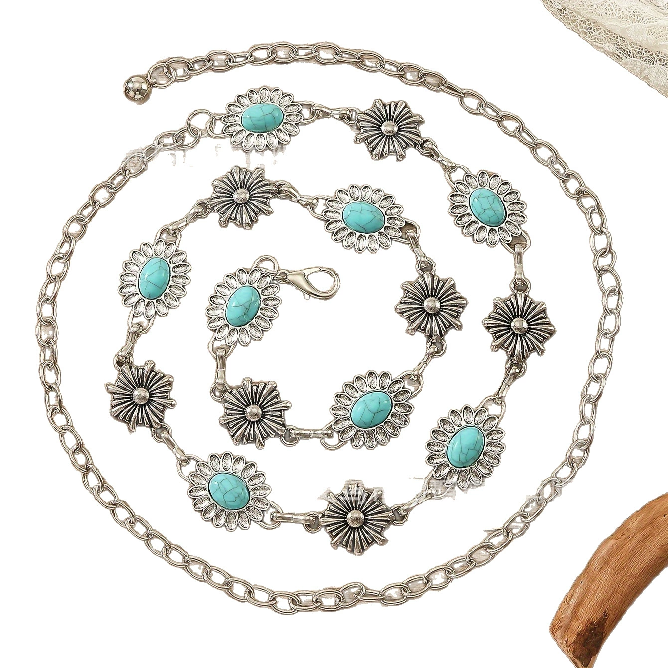 Ретро этническая цепь, turquoise камень инlay, универсальные модные украшения, металлический пояс, этно стиль