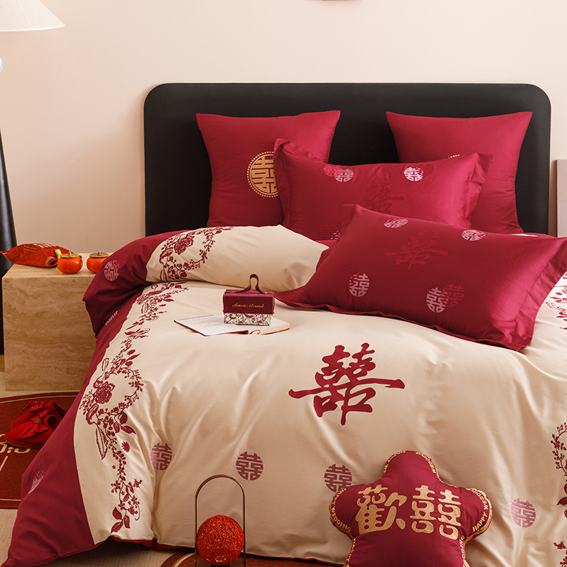Chinas de alta gama algodón Jacquard cama de boda cuatro piezas de algodón sábanas rojas cubierta sábanas de boda