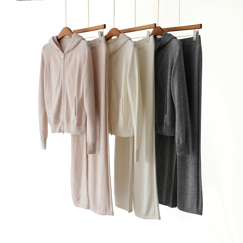 Casual and Easy to Wear ~ L*P25 Autumn New Cashmere Wool Versatile Casual Hooded Long-Sleeved Cardigan Jacket and Pants Suit