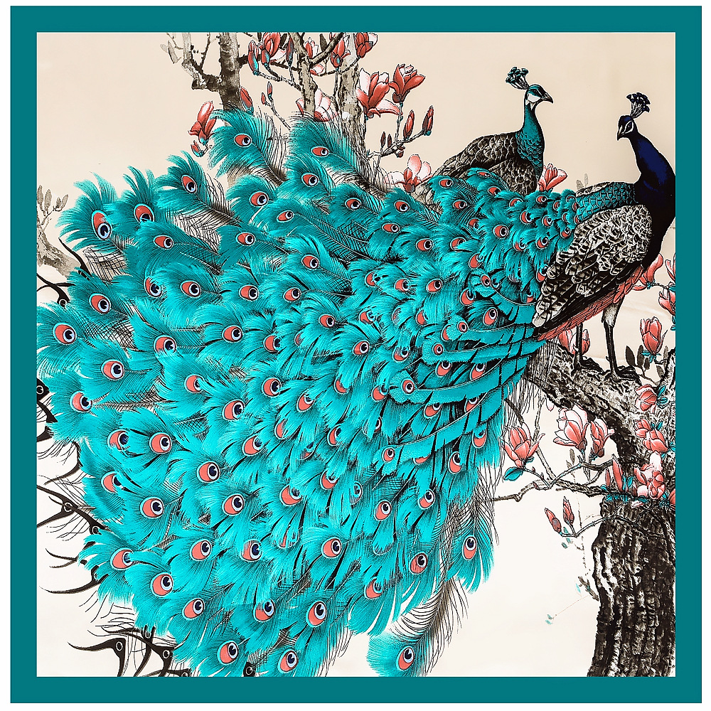 90cm Spring New Simulation Silk Square Scarf Peacock Ladies Leisure Travel Silk Scarf Shawl Headscarf display picture 1