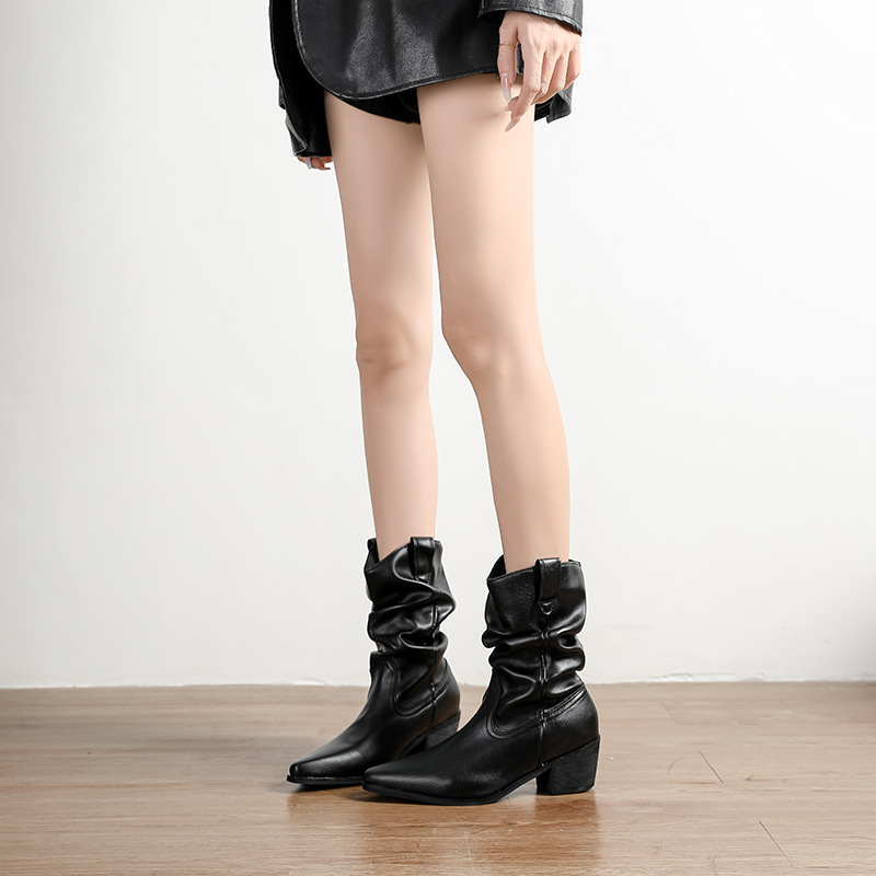 Pointed Toe Short Boots for Women, Slim Boots, Stacked Mid-Calf Boots, 2025 Autumn and Winter New Versatile Martin Boots, Zhao Lusi Style