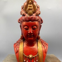 古玩收藏仿寿山石雕朱砂描金97观音头摆件客厅装饰