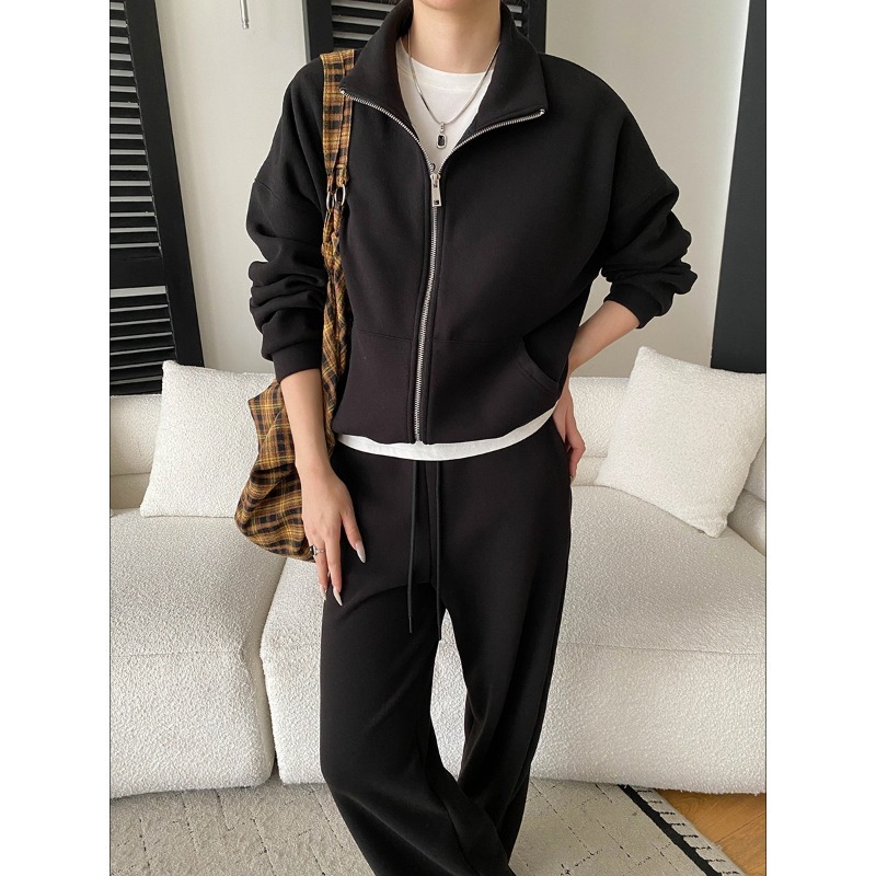 司南万搭基础款慵懒松弛感立领外套阔腿裤加绒卫衣套装