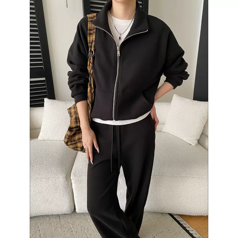 司南 万搭基础款 慵懒松弛感立领外套阔腿裤加绒卫衣套装 SN8308