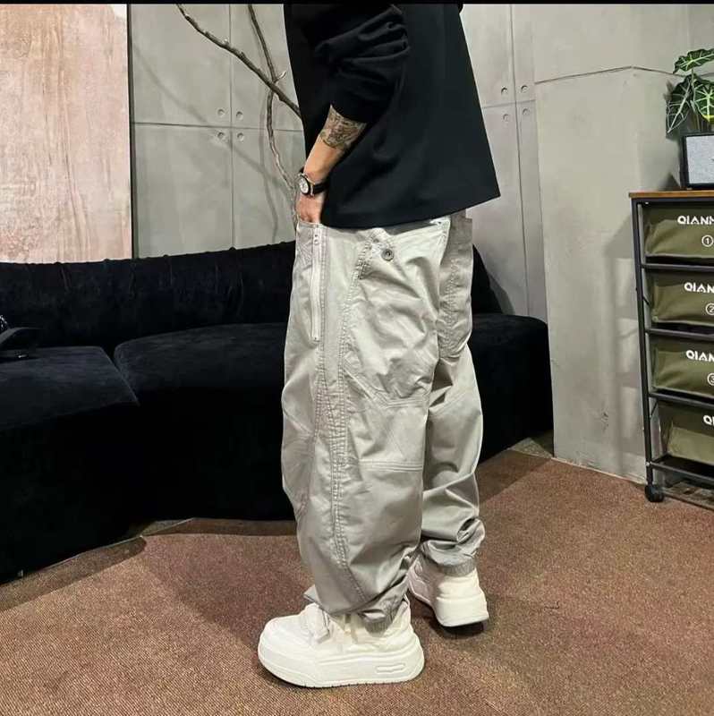 秋季新品高街时尚弯刀多口袋拼接线条抽绳阔腿宽松男士休闲长裤|undefined