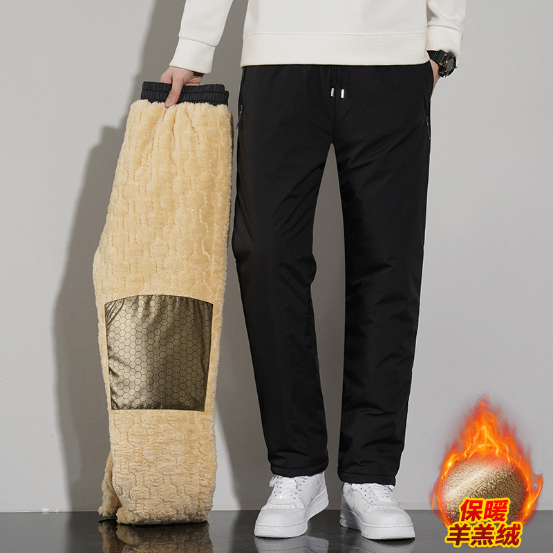Pantalones de algodón de lana de cordero de invierno para hombre grafeno más terciopelo grueso suelto de talla grande a prueba de viento y pantalones calientes al por mayor