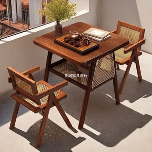 Solid Wood Balcony Tea Table and Chair Combination, Simple Negotiation Table, Internet Celebrity One Table and Two Chairs, Small Apartment Leisure Rattan Chair Three-Piece Set