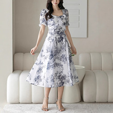 水墨画连衣裙女优雅中国风修身收腰方领时尚碎花裙子气质长裙