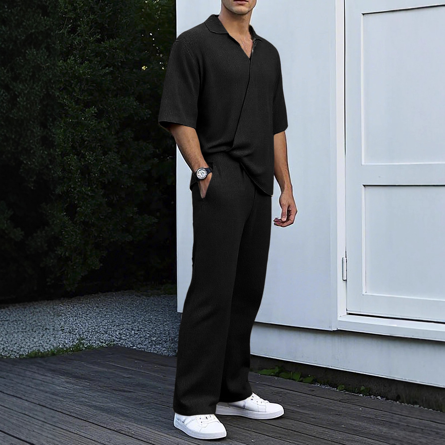 Monochrome Man- Cross-Border European And American Spring Summer New Commuter Japanese Drama Men's Casual Bubble Wrinkle Solid Color_voghion.com