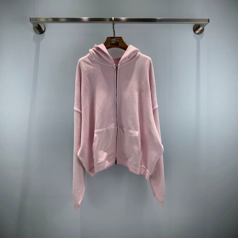 Nanyou High-End Version AW Starry Silver Foil Shimmer Light Pink Hoodie with Double-Zipper, Loose Fit and Drop Shoulder Nanyou High-End Version AW Starry Silver Foil Shimmer Light Pink Hoodie with Double-Zipper, Loose Fit and Drop Shoulder