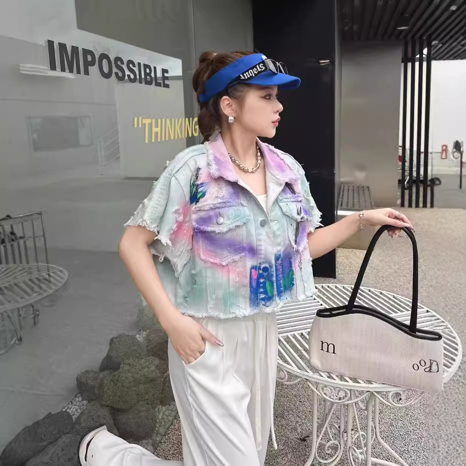 Marca de moda tailandesa 2024 otoño nuevo abrigo denim teñido de la industria pesada mujer graffiti sensación de diseño de abrigo de clip suelto image 3