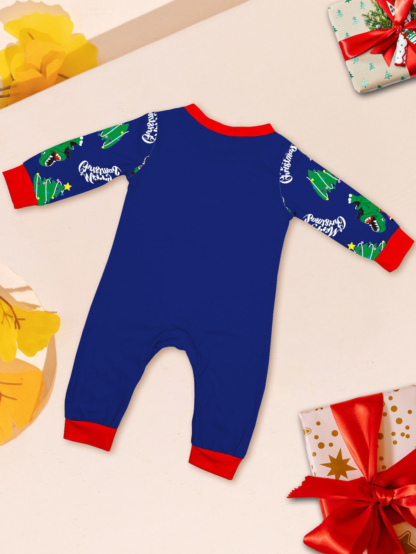 Božićna kućna odjeća Obiteljska odjeća Zelena pidžama s printom dinosaura Djeda Mraza Plavo odijelo_voghion.com