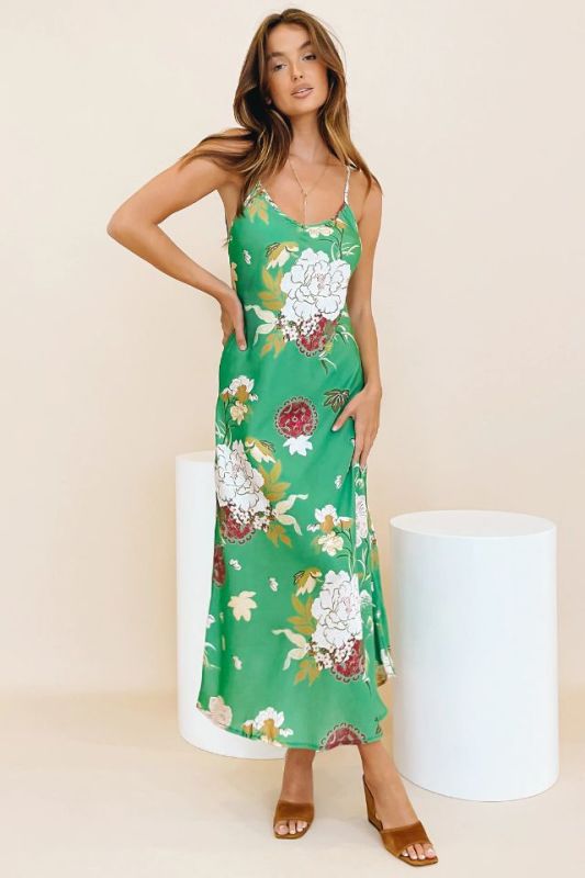 suspender backless lace-up slim long flower print dress NSAM126761