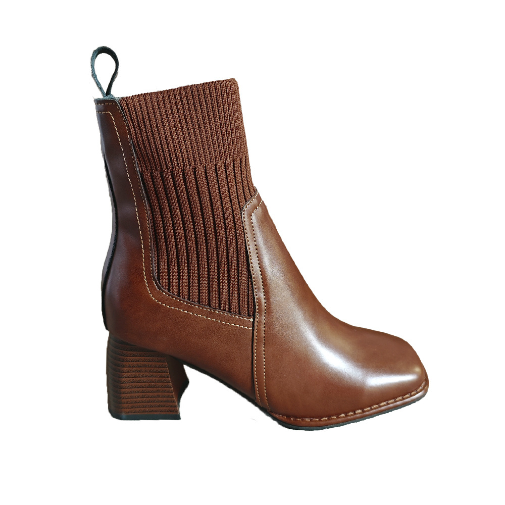 Botas cortas de invierno de 2025 nuevas botas elásticas de tacones altos cuadrados de tejido de costura volante tamaño 41 - 42