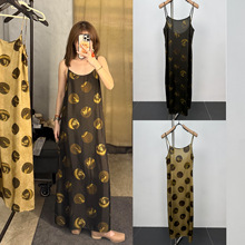 秋季新款休闲复古波点印花真丝吊带高级感气质uma风连衣裙女