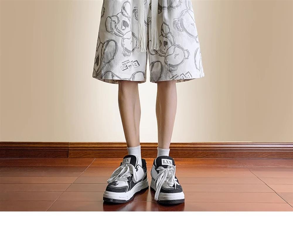 Men's Bear Print Drawstring Shorts, Loose Fit High Street Casual Shorts, Summer Streetwear Mid-Thigh Shorts_viptrois.com