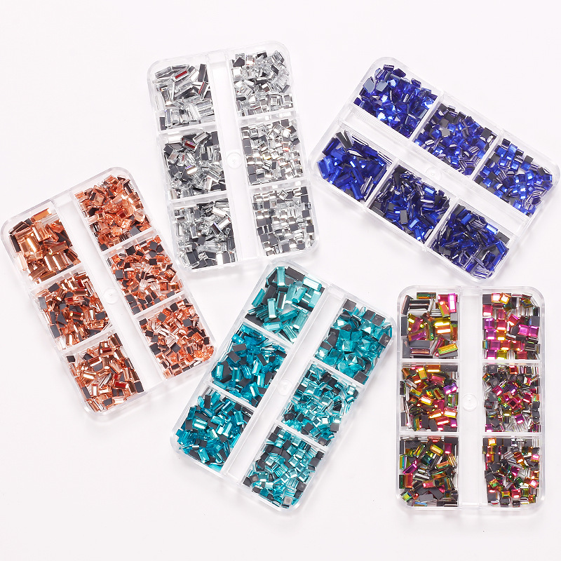 Transfronterizos para taladro de fondo plano en línea, taladro de espejo especial de manicuras ultra-flash, mezcla de pequeños diamantes transparentes, conjunto multicolor de 6 cuadrículas