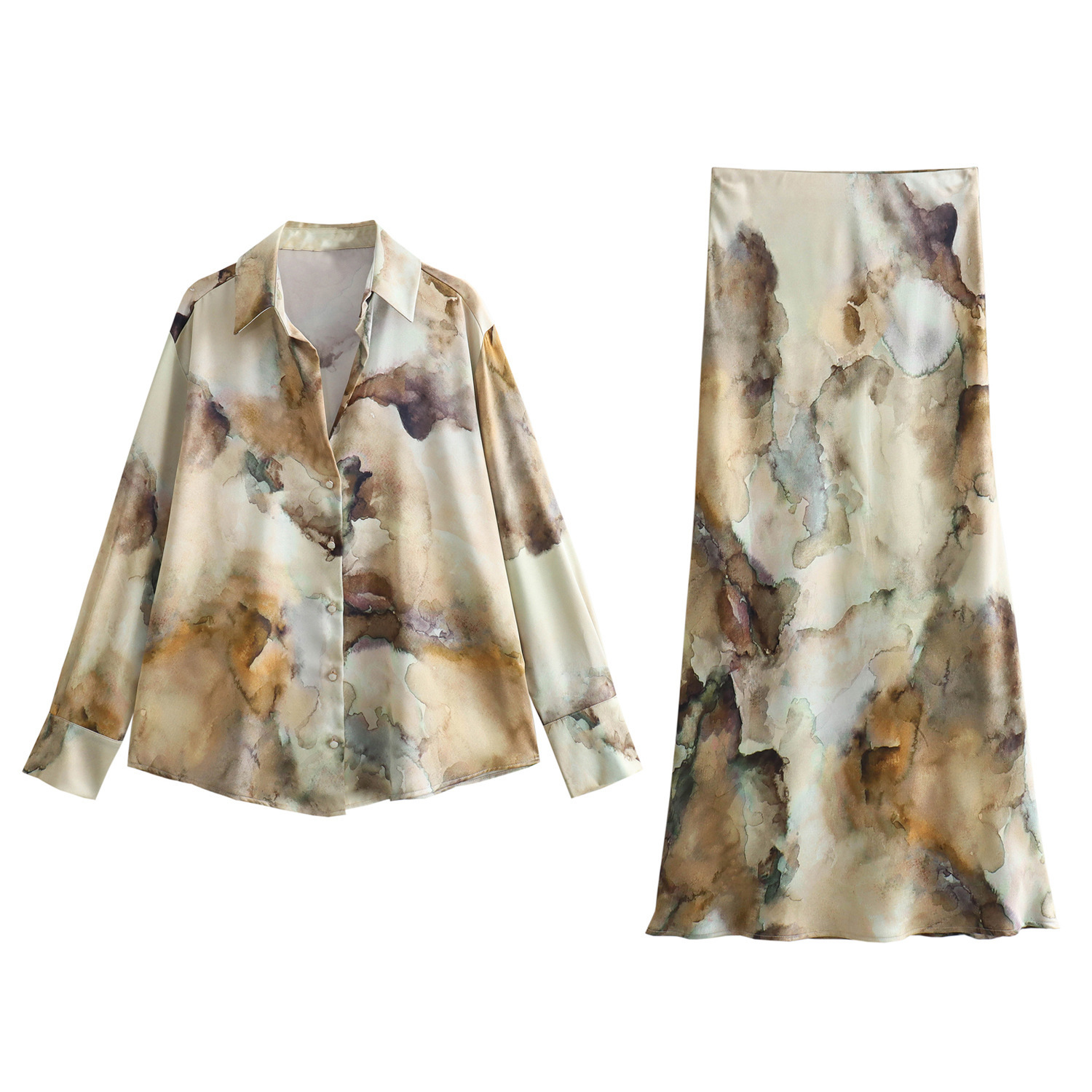 182g Weight Long Sleeve Sleeve Length Satin Fabric Type Skirt Co-ord Set Sets Type Casual, Holiday Occasion Shirt Collar Neckline Regular Fit Fit Type Tie Dye Pattern Spring, Autumn Season Women's Gender Printing, Button Design Elegant, Streetwear Style Casual Holiday Women's Elegant Streetwear Tie Dye Satin Printing Button Skirt Co-ord Set Skirt Sets 无