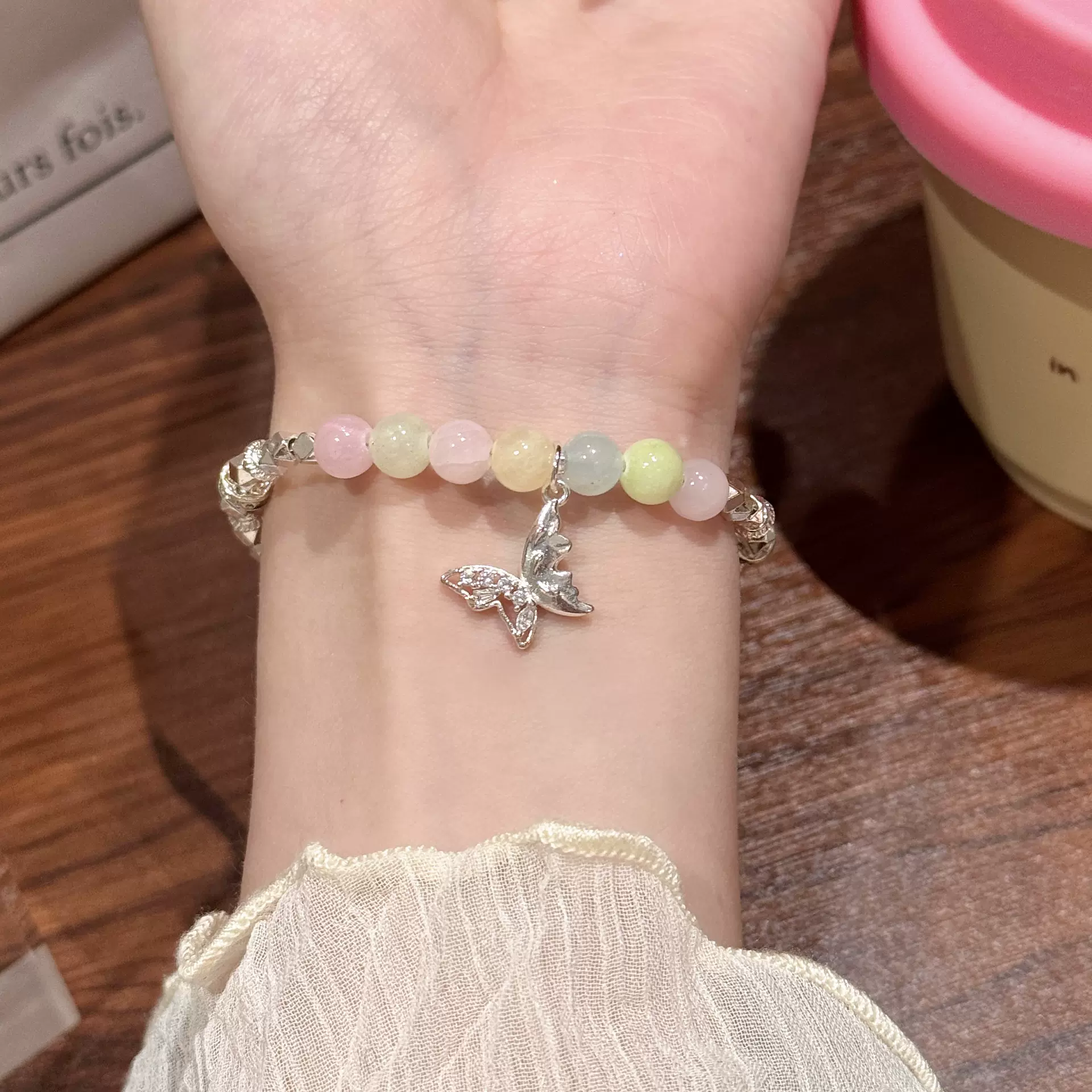 新中式彩珠蝴蝶手串玉髓碎银文艺复古饰品女国风百搭时尚简约手串