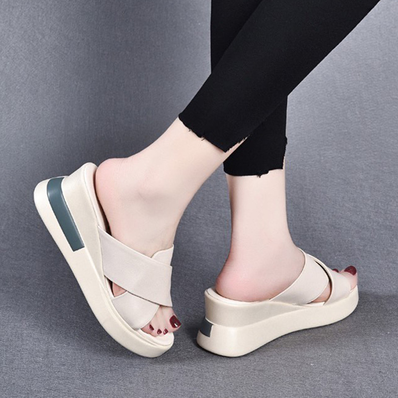 Dép sandal nữ đế xuồng da bò thật quai chữ V gót cao 9 cm — Màu đen (Da bò lớp đầu tiên)