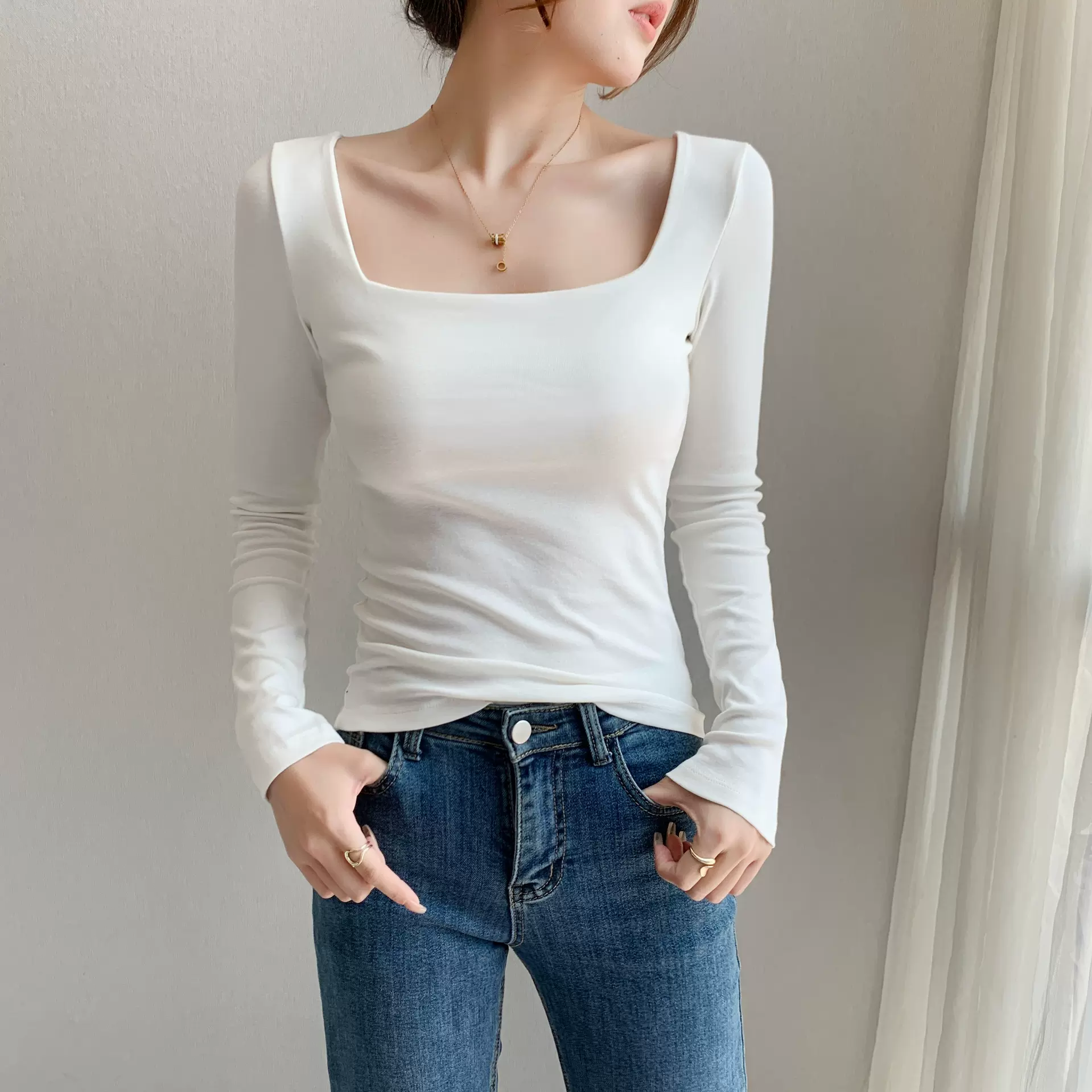 方领打底衫女内搭2024新款白色抽褶修身显瘦纯色休闲百搭长袖上衣