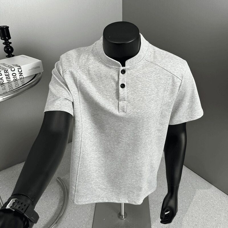 Cut-Out Deconstructed Polo Shirt Henry Stand Collar Short-Sleeve T-Shirt for Men, Summer American Style Heavy-Duty Trendy Brand Loose Half-Sleeve Top