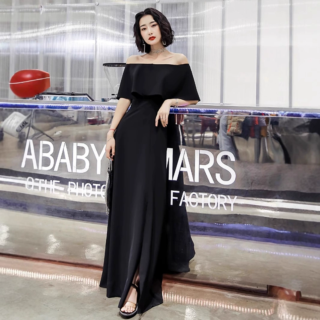 Black evening dress, elite long skirt, open shoulders, fitted