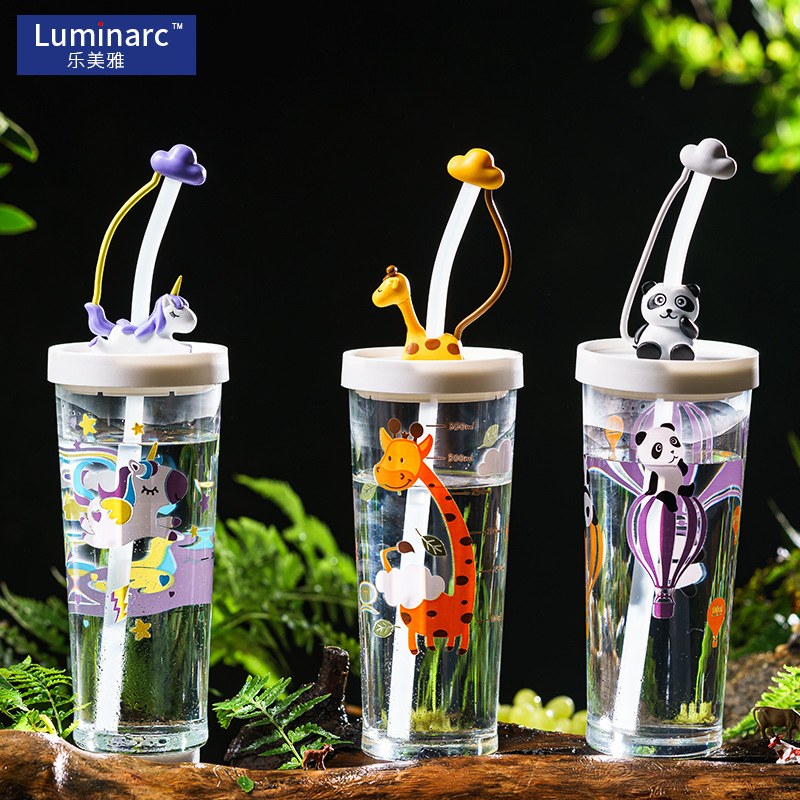 Lemeya Lille scale straw cup high temperature resistant color changing explosion-proof tempered glass children cartoon cup with lid Lemeya Lille scale straw cup high temperature resistant color changing explosion-proof tempered glass children cartoon cup with lid