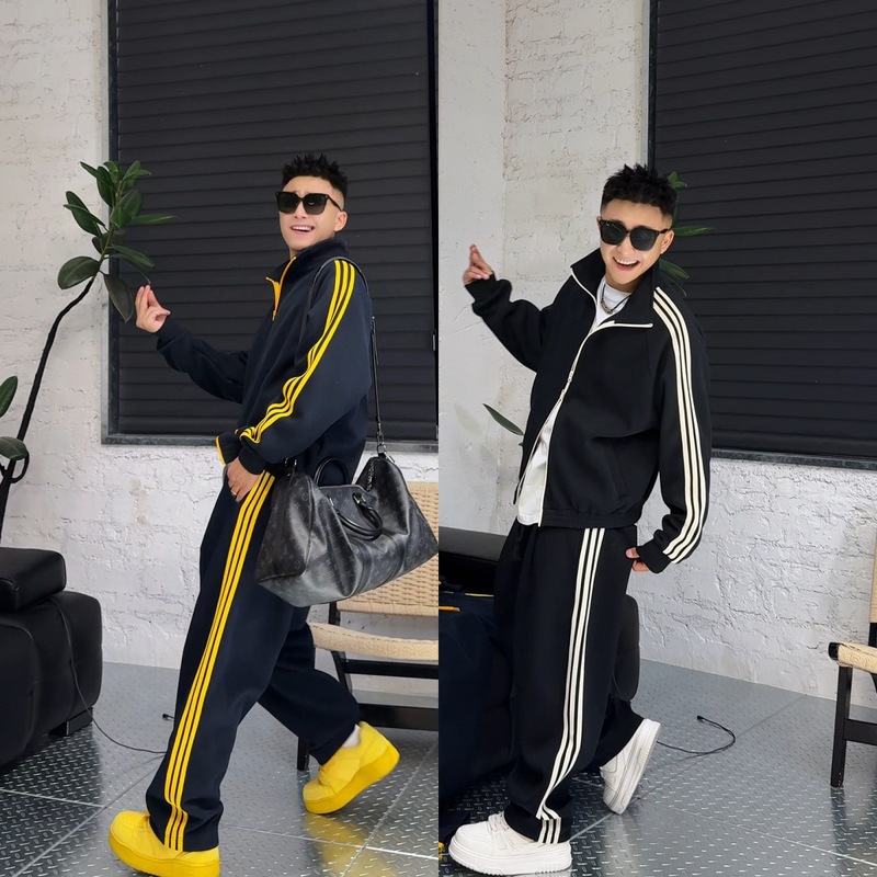 语乐同款美式撞色三条杠运动立领卫衣休闲舒适宽松长裤潮流感套装|undefined
