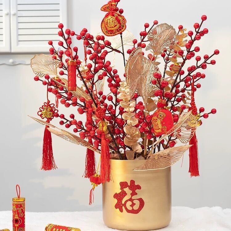 中國風新年福桶賀新春仿真銀杏葉紅漿果插花喜慶家居裝飾年貨籌備