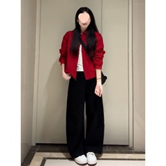 早秋复古红色翻领薄款夹克外套女秋季2025新款爆款棒球服短款上衣