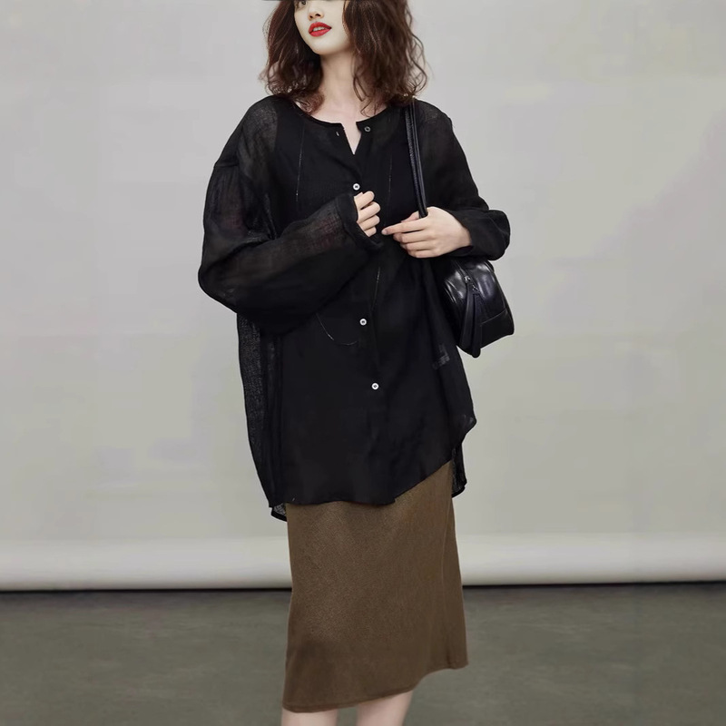 Women's Lightweight Breathable Blouse Top Linen Cotton Loose Large Profile Sunscreen Linen Shirt