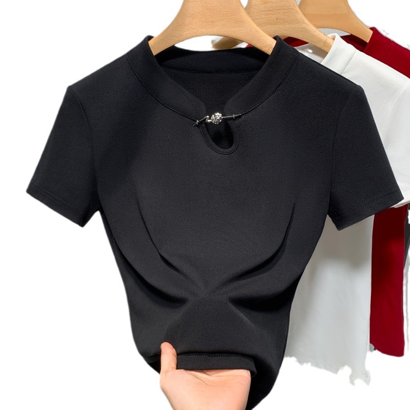 Camiseta de manga corta de cuello vertical mujer 2024 camiseta de algodón sólido diseño de estilo chino nueva chaqueta de verano de mujer china image 5
