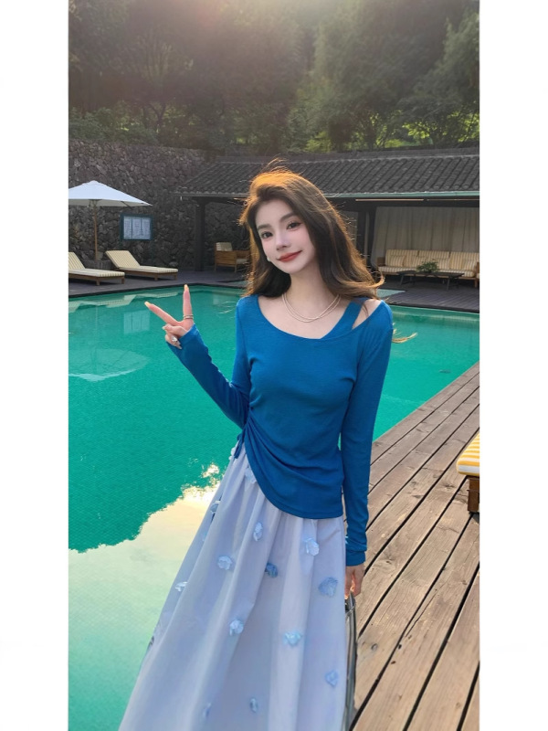 フェイクツーピースオフショルダーアイクラインブルー長袖Tシャツレディース夏薄い日焼け止めブラウス巾着ウエスト痩身トップ|undefined