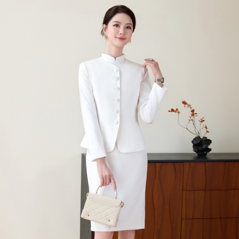 White stand-up collar professional suit dress for women, single-breasted, waist-cinching, two-piece set, hotel reception uniform, wholesale White stand-up collar professional suit dress for women, single-breasted, waist-cinching, two-piece set, hotel reception uniform, wholesale