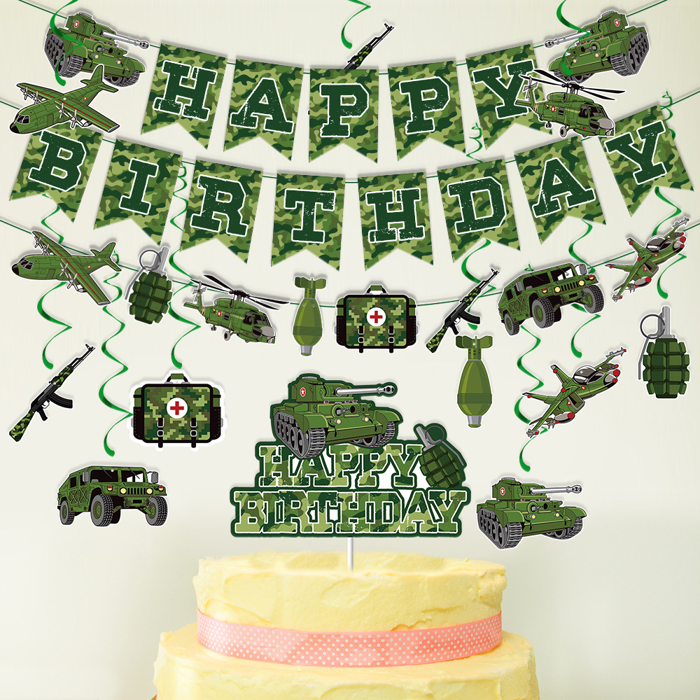 Nuevo tema militar cumpleaños decoración cumpleaños tire bandera camuflaje tire bandera espiral colgante pastel Tarjeta de inserción
