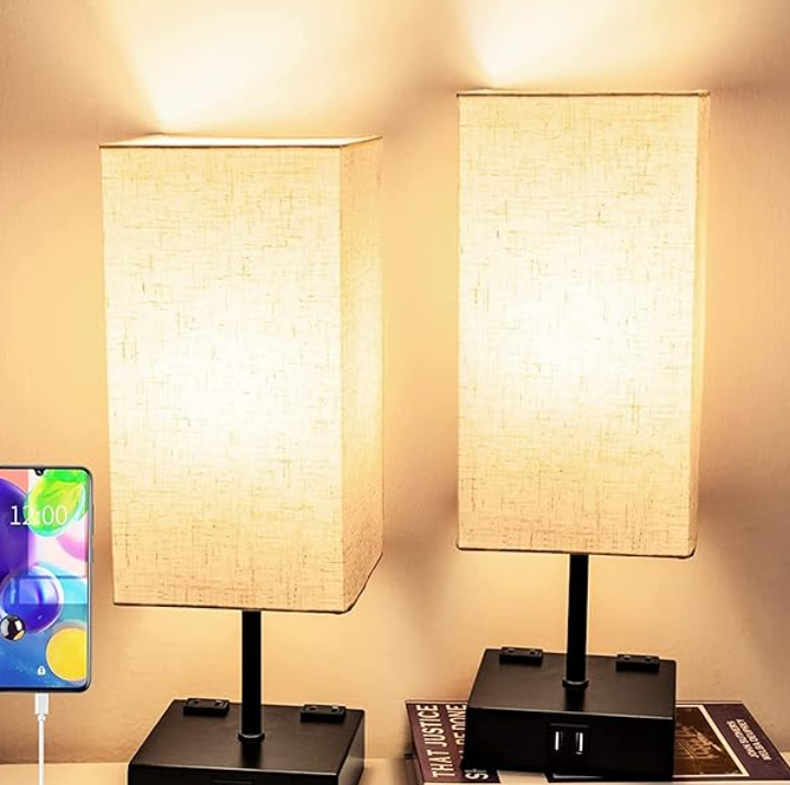 고급 린넨 화이트 전등갓, 터치 + 전구 + 2구 AC + USB(A+C) 2개