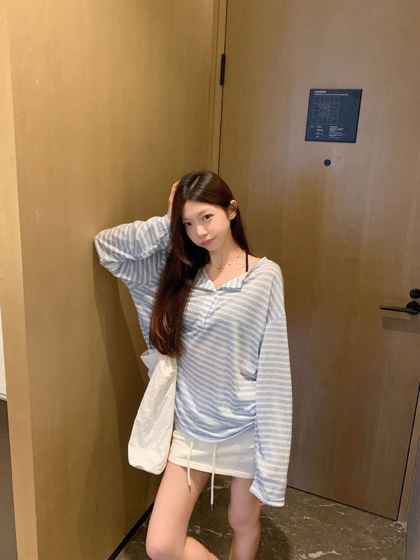 【自家工厂现货】夏日宽松慵懒条纹长袖防晒衣半开领休闲上衣女|undefined
