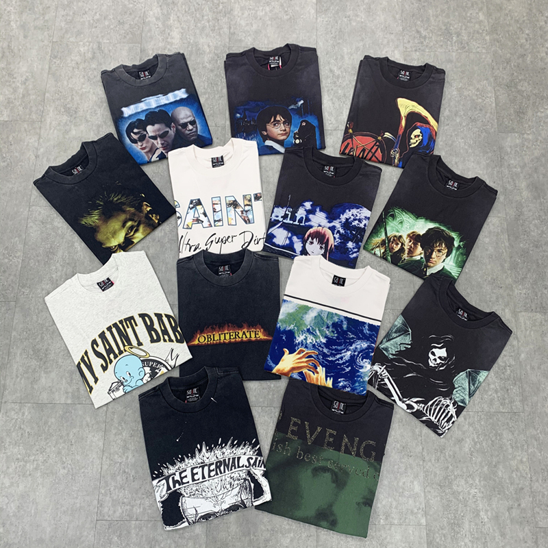 Fashionable Brand Saint of Michael American Retro New Style Washed and Distressed Loose Short-Sleeved T-Shirt for Men in Summer