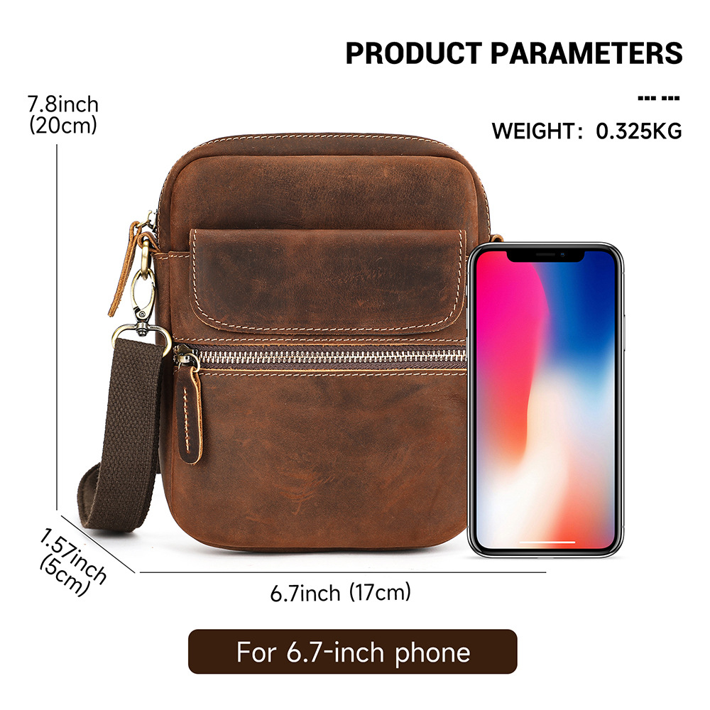 Túi đeo chéo nam da ngựa điên cổ điển, phong cách retro, đựng điện thoại và iPad — Cà phê Crazy Horse, Da đen sáng bóng, Hoa văn vải thiều đen, cỡ lớn., Cà phê