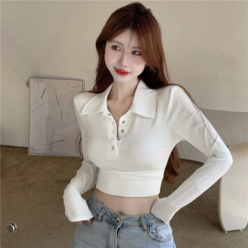 화이트 폴로 칼라 긴팔 티셔츠 여성의 가을 새로운 섹시한 허리 슬림핏 슬리밍 짧은 탑 베이스 셔츠
