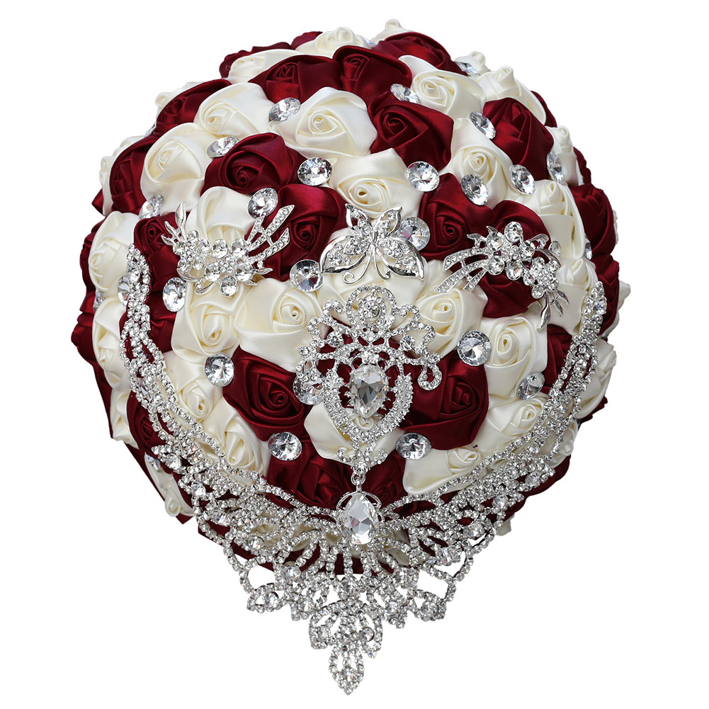 New European and American style wedding bridal bouquet with rhinestone ribbons and roses, DIY wedding simulation bouquet W287
