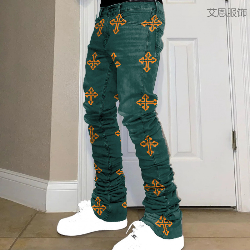 时尚跨境裤子2025欧美外贸跨境新款男装 休闲喇叭裤数码印花|undefined