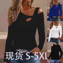 2025秋冬欧美外贸亚马逊速卖通货源纯色修身不对称领露肩女士T恤