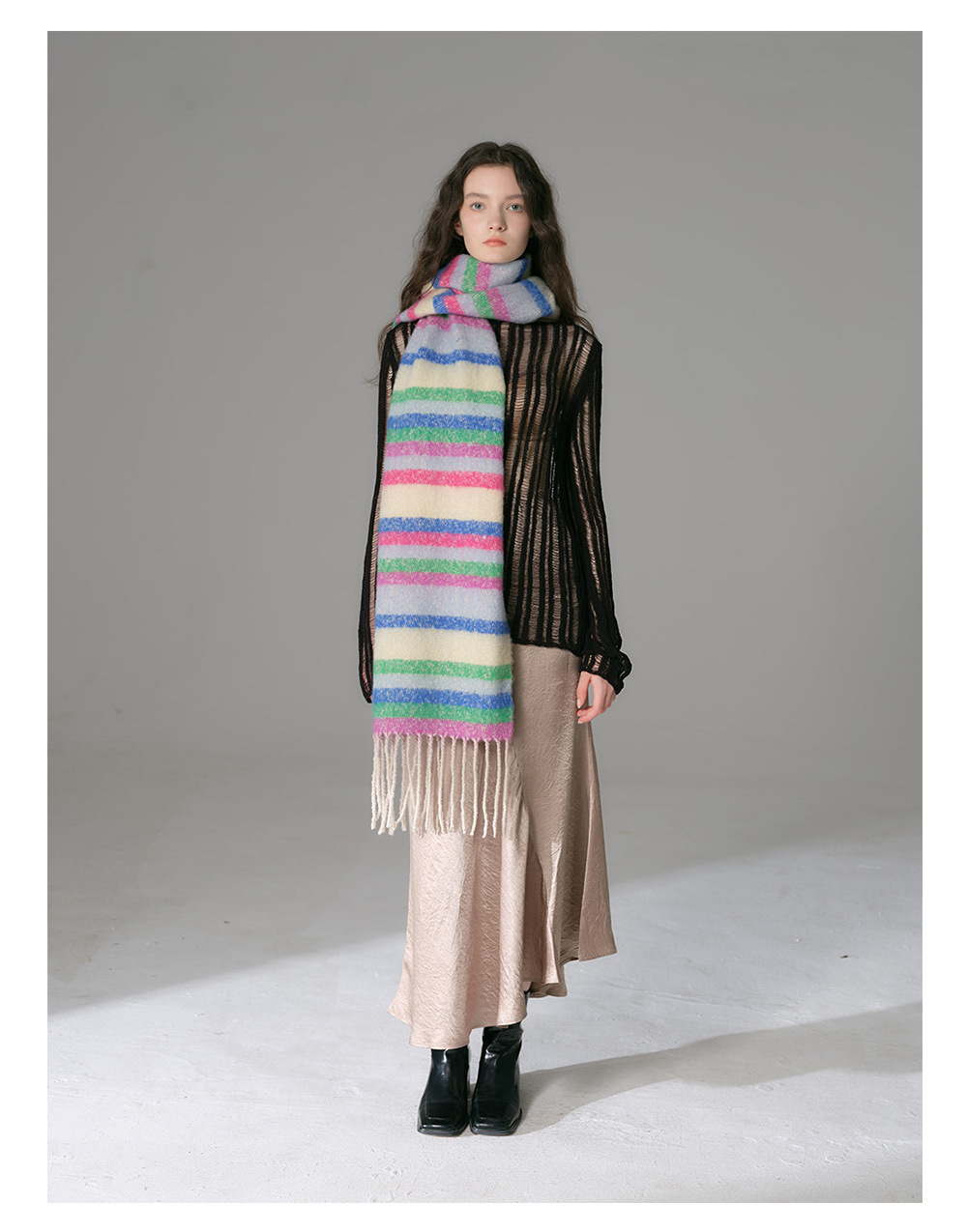 Bunter Gestreifter Fransenschal Für Damen Warmer Winterschal_voghion.com