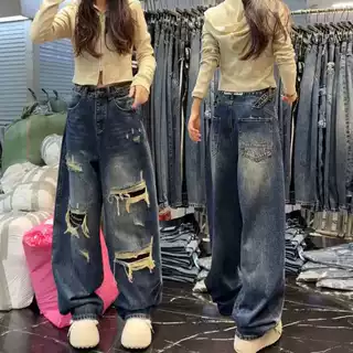 大码美式假破洞阔腿牛仔裤女秋季2026新款高腰宽松显瘦百搭弯刀裤
