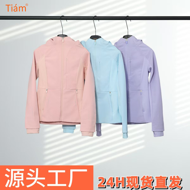 In Stock, New Spring Model, Windproof and Waterproof Fleece-Lined Hooded Slim-Fit Sports Jacket, Softshell Slim-Fit Yoga Jacket
